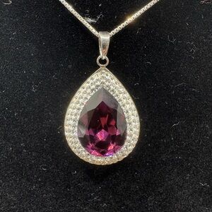 Teardrop Amethyst And CZ Necklace Sterling Silver Necklace Pendant 18 in Large